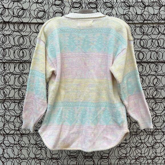 VTG Jan Taylor Pastel Stripe Henley Fair Isle Sweater pink green yellow MEDIUM - Picture 2 of 6